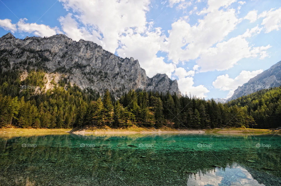 Hiking around the green lake at styria, austria