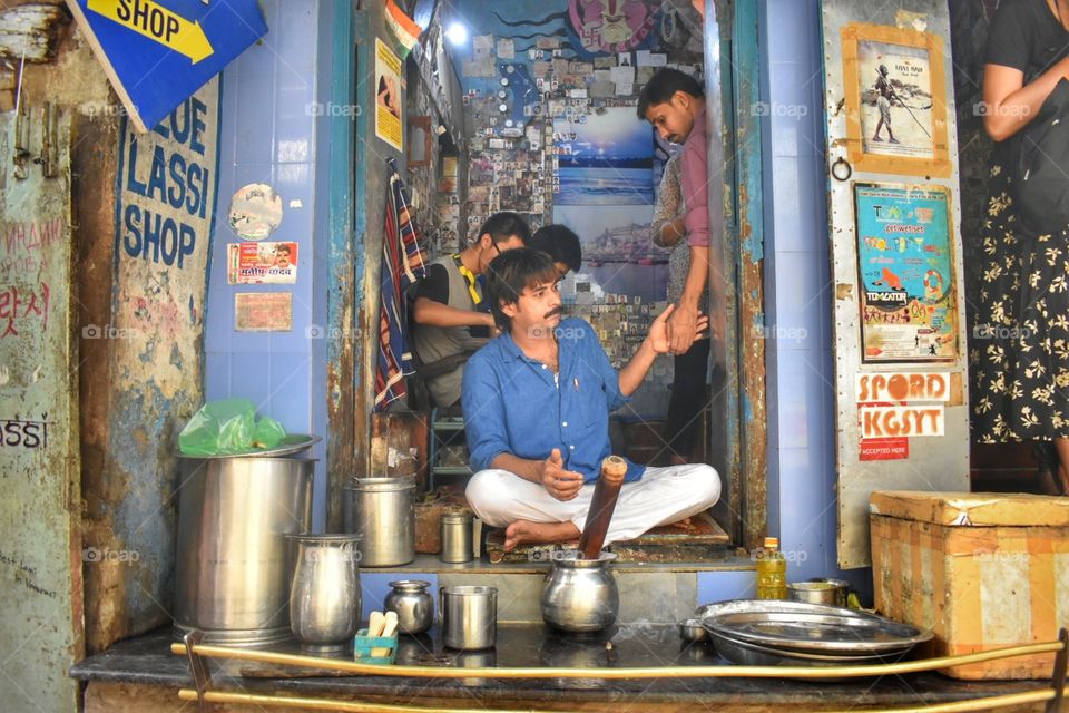 Varanasi india, aasi ghat, holy ganga,  travel photography, blue lassi shop, one of famous lassi shop in varanasi