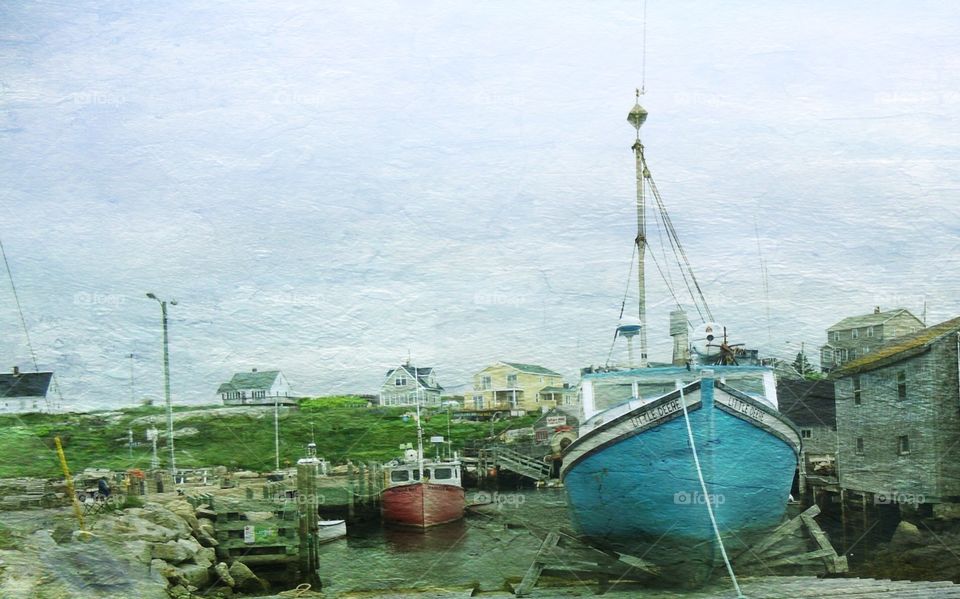 Nova Scotia wood fishing boat. Maritime scene, Nova Scotia canada, old wood fishing vessel 