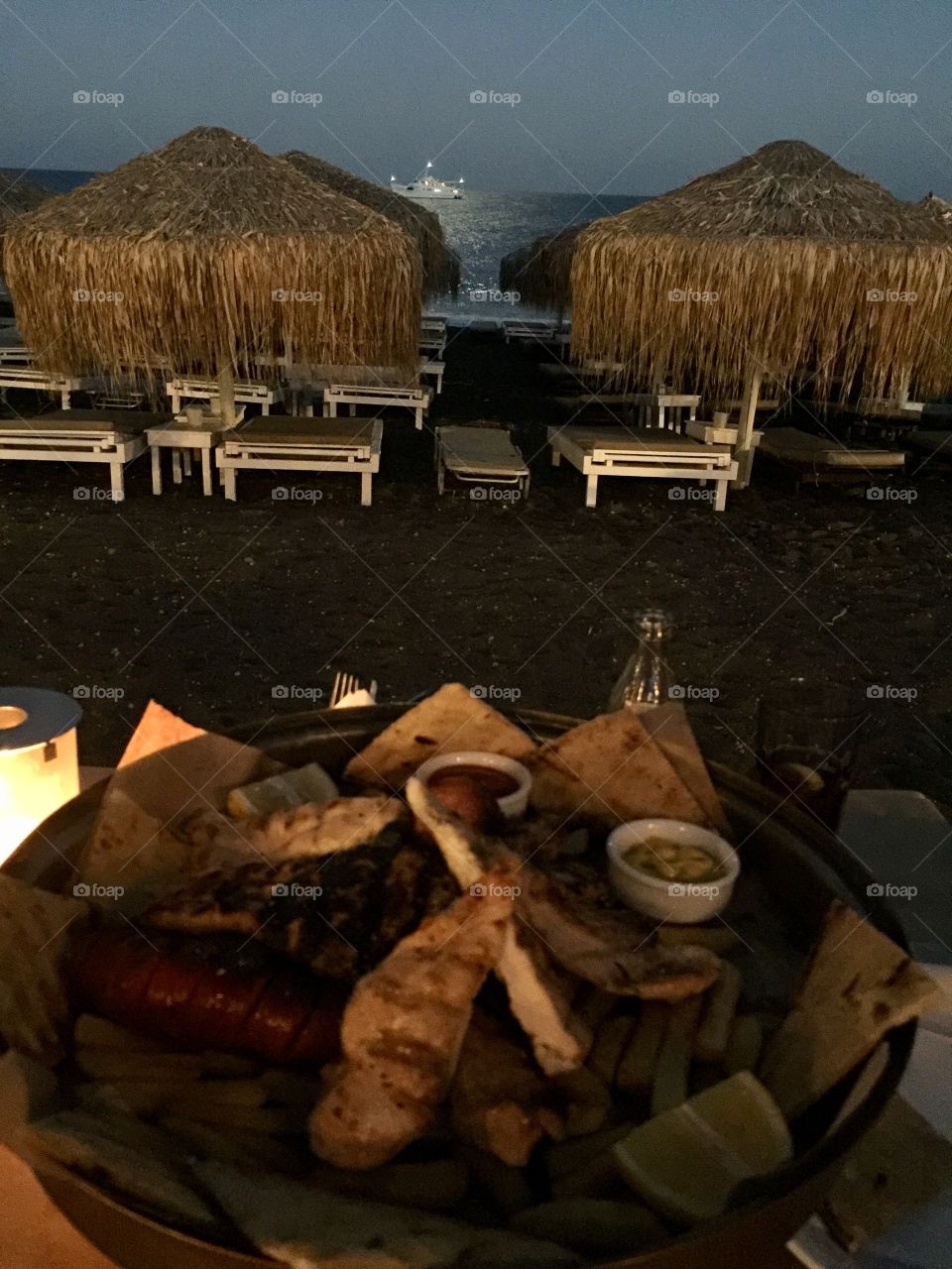 Moonlight Mixed grill on the beach. Santorini. 