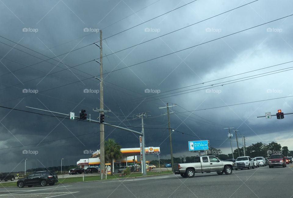 Stormy sky over the Shell gasoline convenience store.