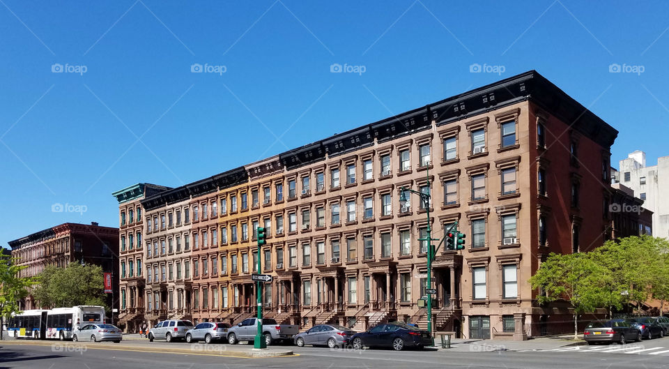 A row of stately townhouses in Harlem