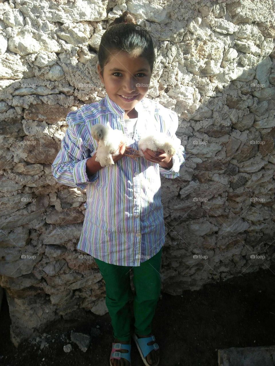 A beautiful girl holding two small Chikens.