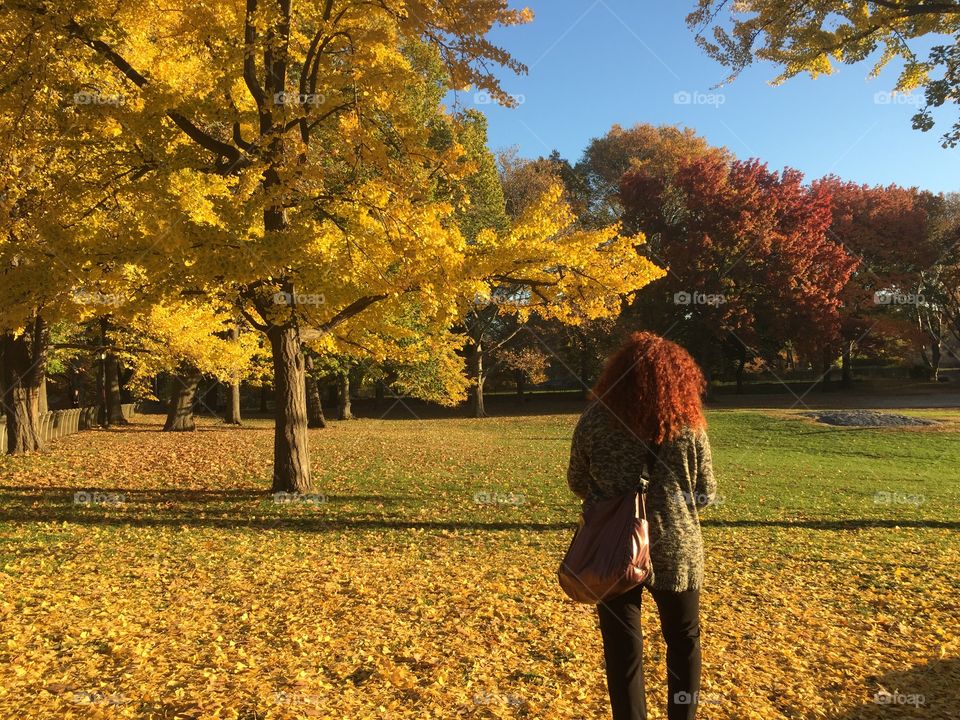 Red haired woman looking at fall foliage