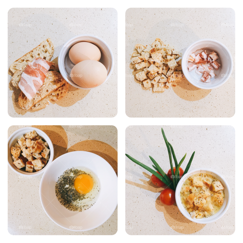 Fast breakfast - eggs, bacon and croutons baked in ramekin for 10 minutes 