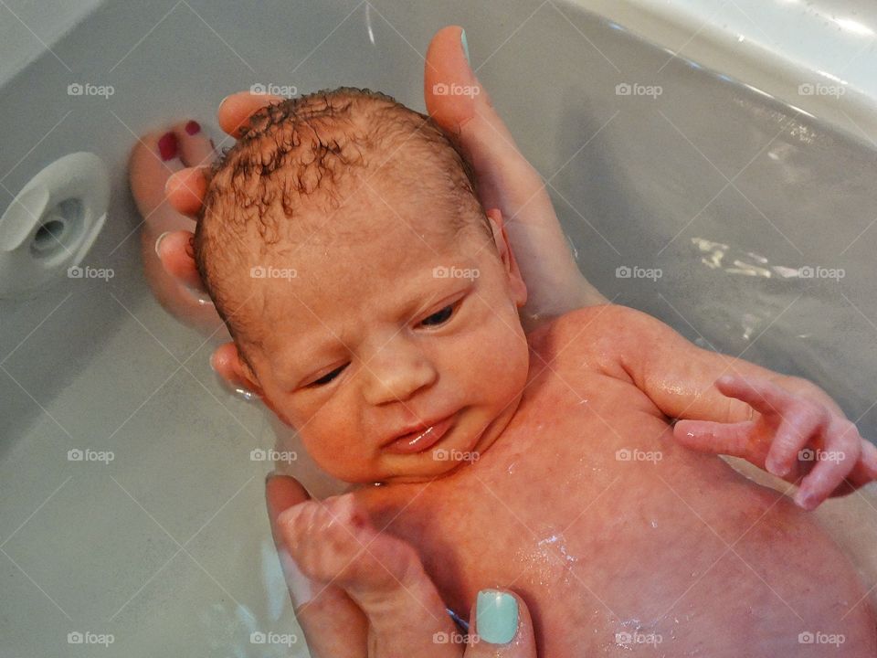 Newborn Infant Taking A Bath
