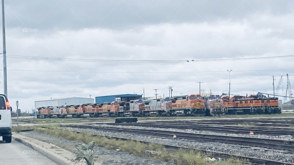 Train Yards Galveston is a Huge Railway Terminal pictured are train Locomotives maybe on the way to be Recycled.  