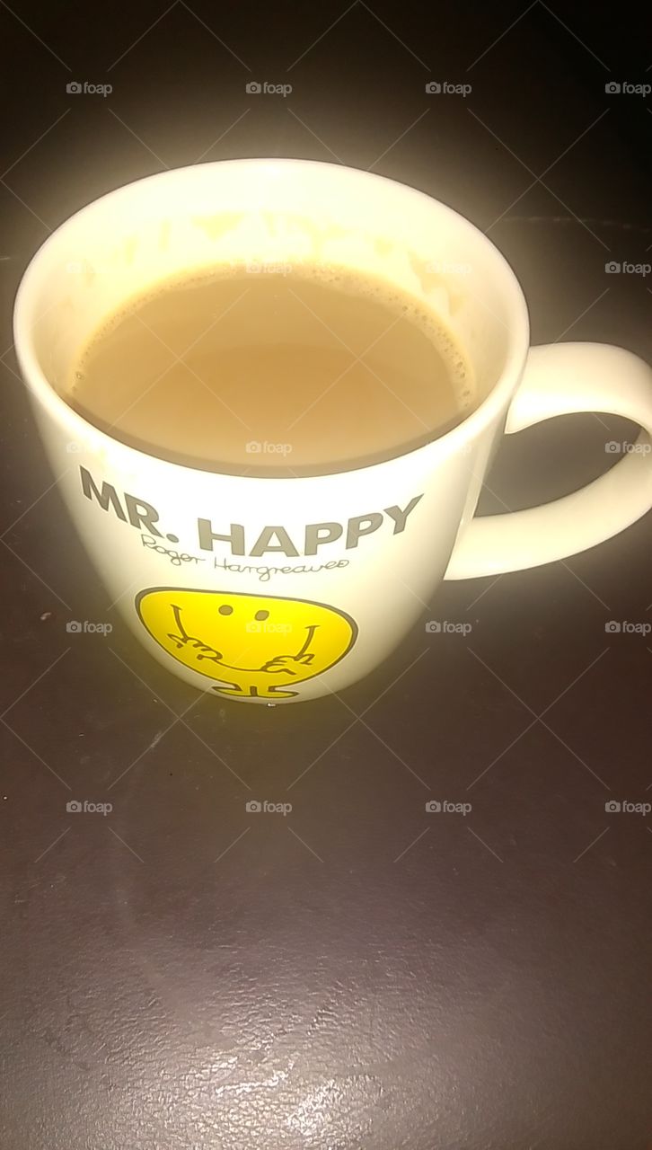 Mr Happy is full of coffee