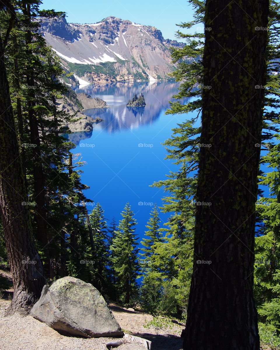 The incredible Phantom Ship in Crater Lake with the rim reflecting in the rich blue waters as seen through the forest on a stunningly sunny summer morning in Southern Oregon. 