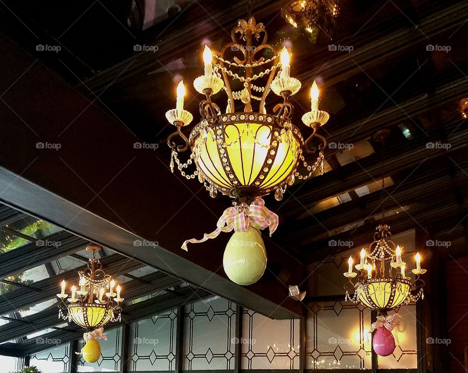 chandeliers decorated for Easter