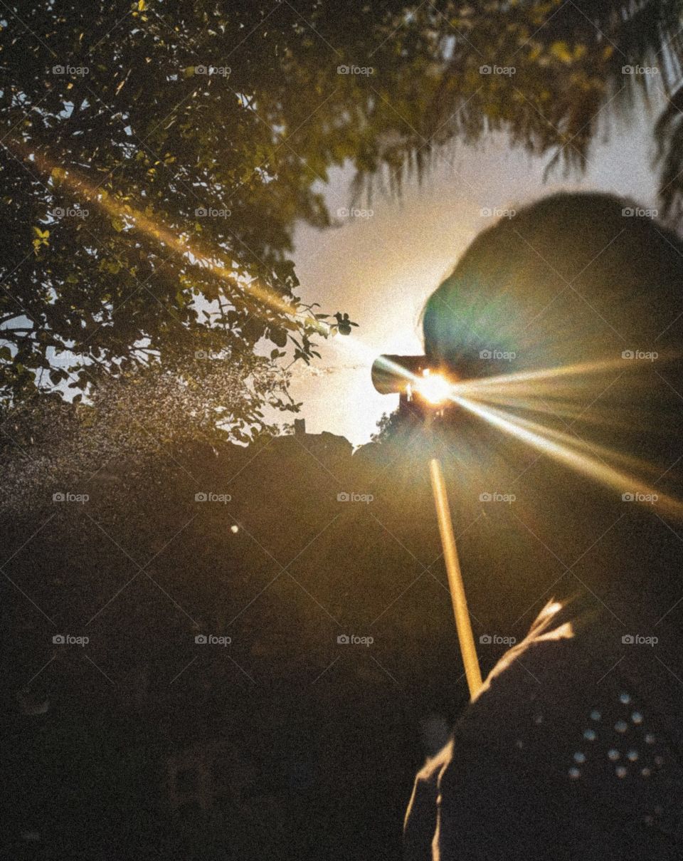 girl watering plants in an orange and blue sunset