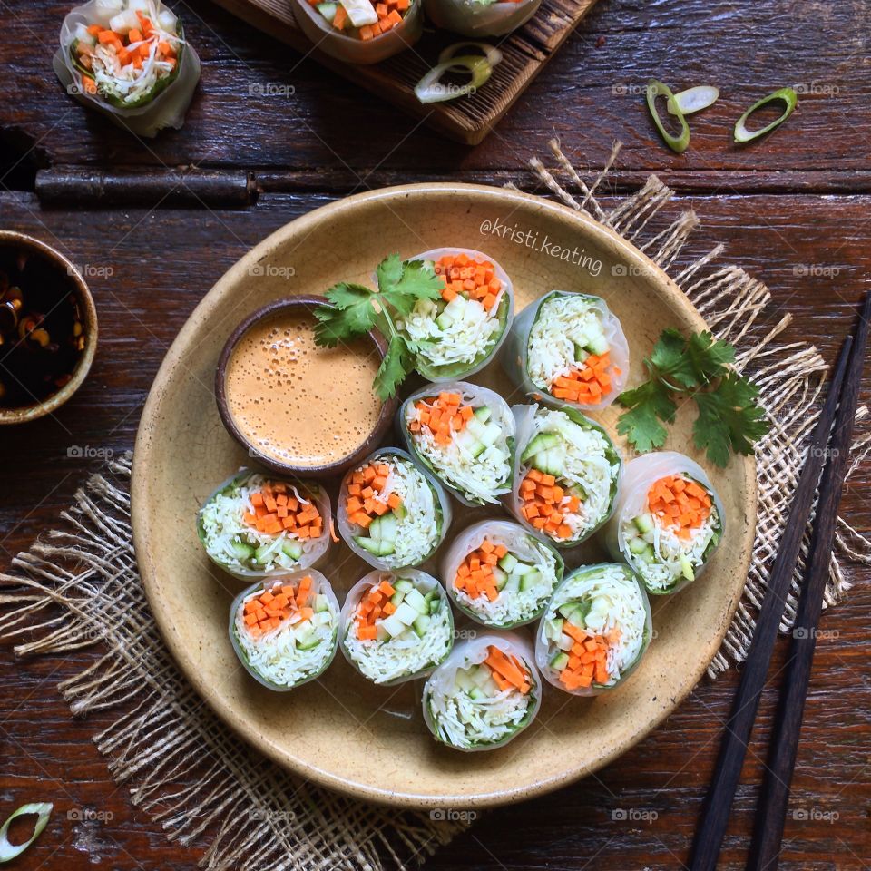 High angle view of fresh spring rolls