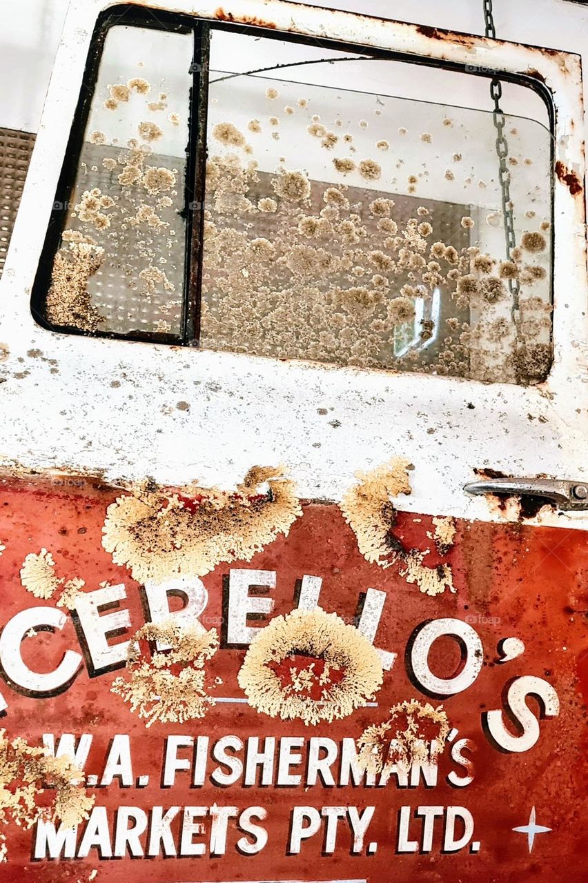 Rusty car door covered in lichen!