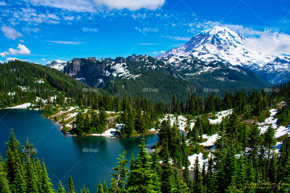 A beautiful view from Tolmie Peak of Mount Rainier in Washington state.