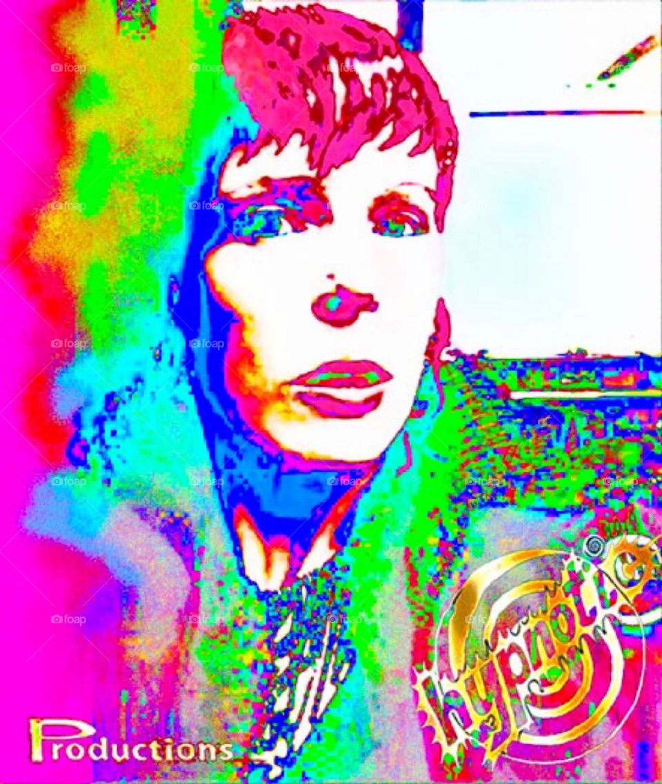 A colorful rendition of a self portrait photo I took in the early 2000s while also attending “Parsons School of Design”. This was an extracurricular work I created on my own. The “hypnotic logo” is on the lower left. Hypnotic Productions