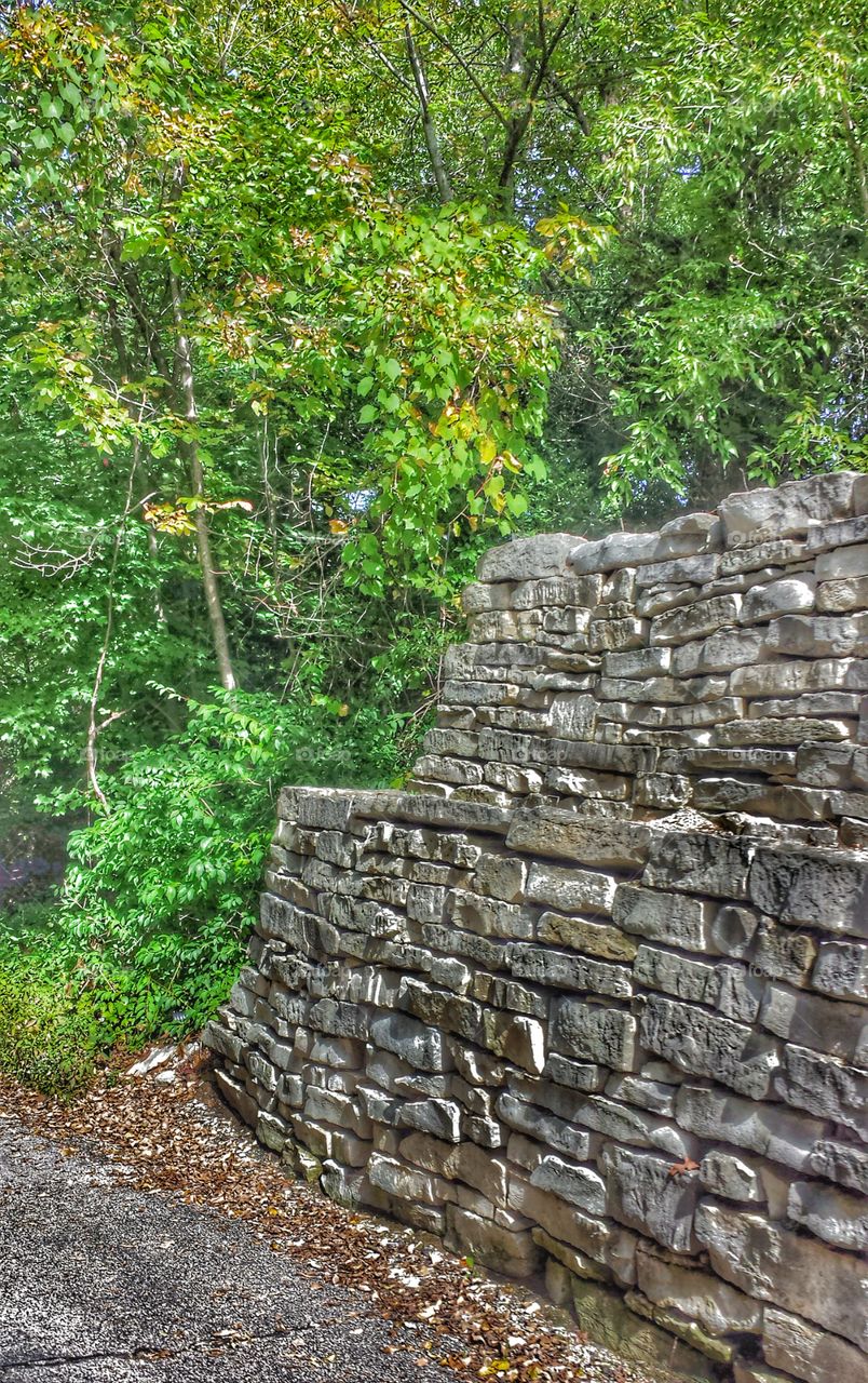 Nature. Stone Retaining Wall on Curve