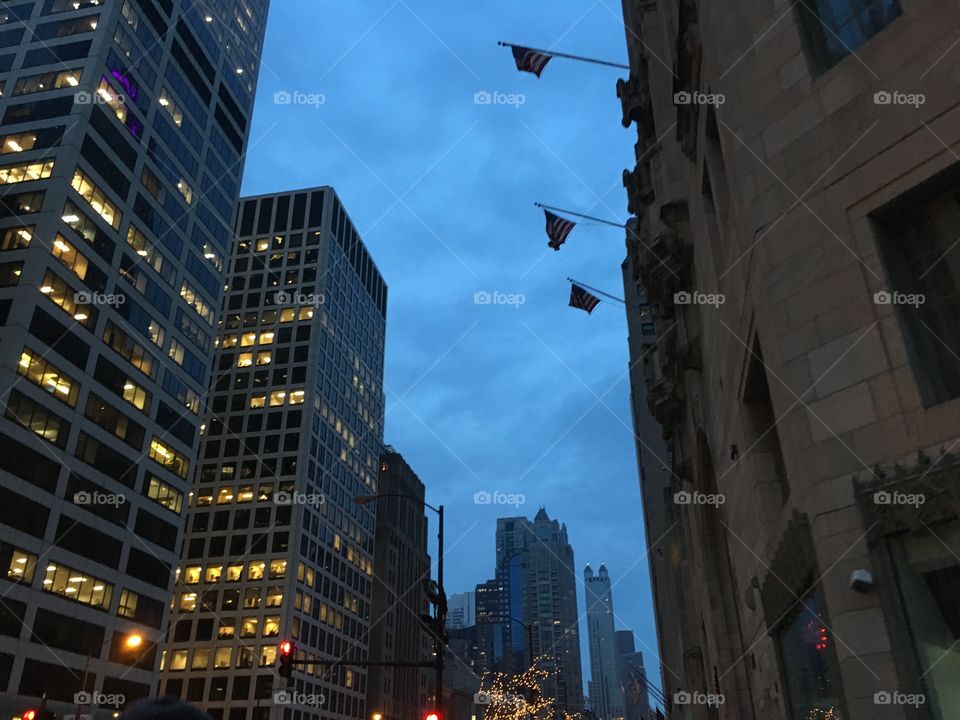 Night time in Chicago. Cloudy