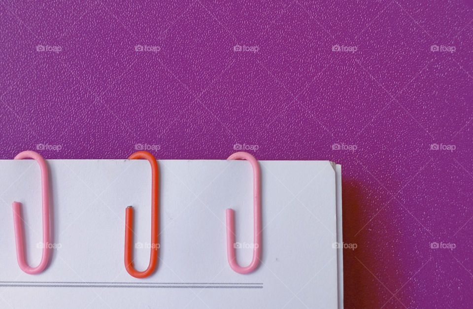Paper clips in the book with purple background...
