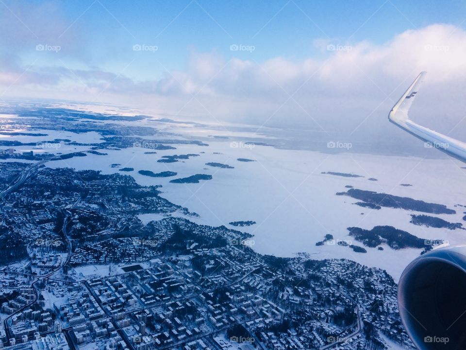Finnair airplane approaching Helsinki on a winters day