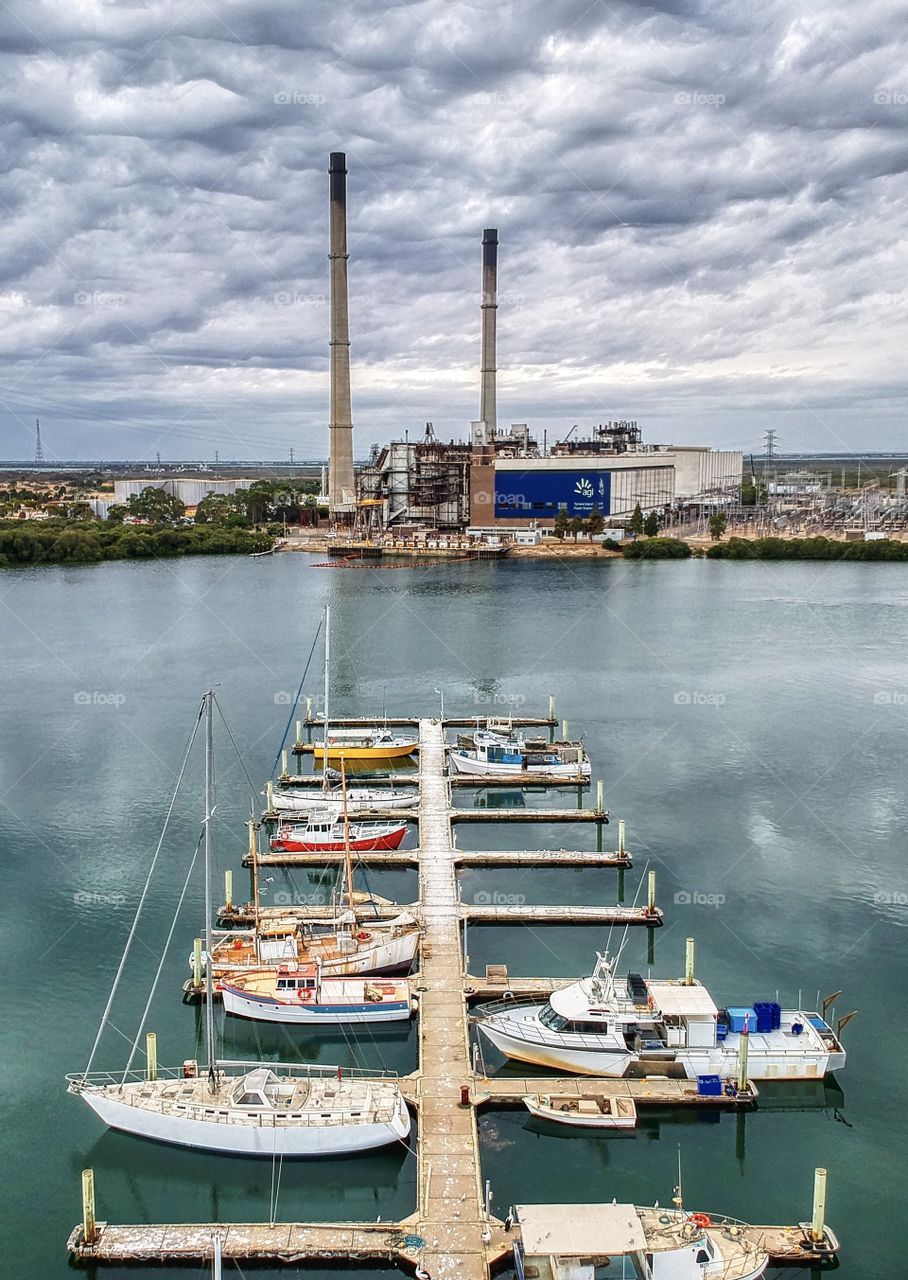 North Arm Fisherman’s wharf looking across to the Torrens Island Powerstation. Aerial photo