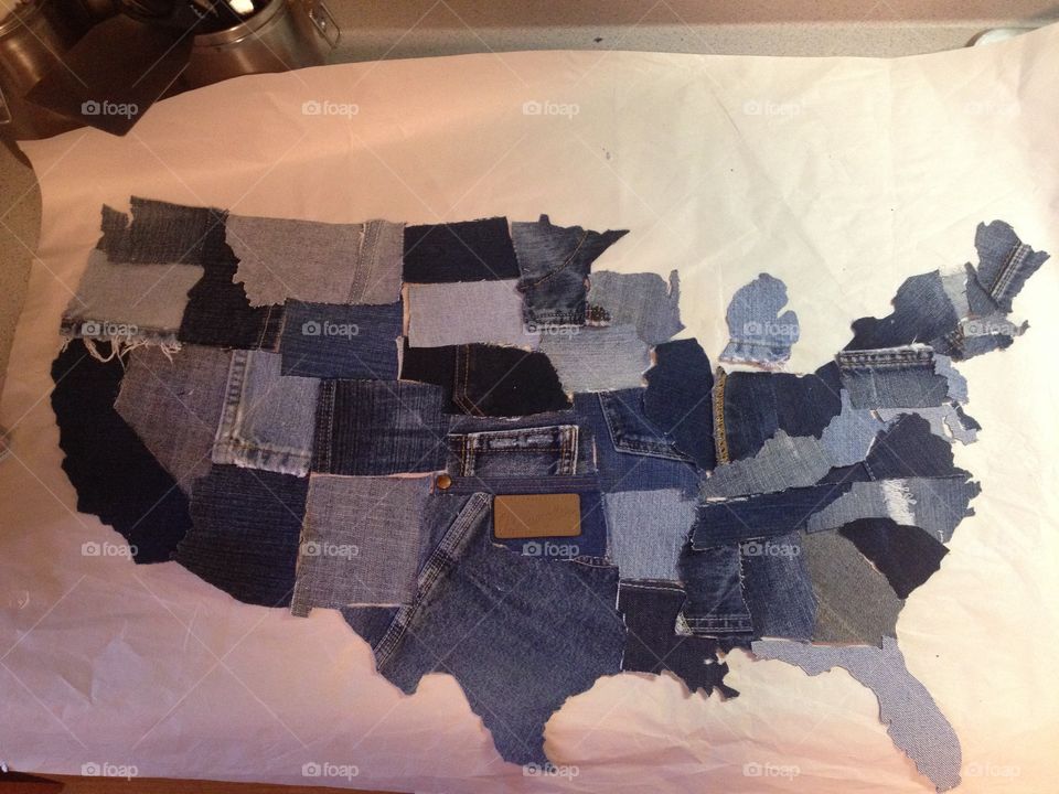 The Fifty States Quilt. Five  hours of work  and almost ready to frame. Craft project using old jeans 