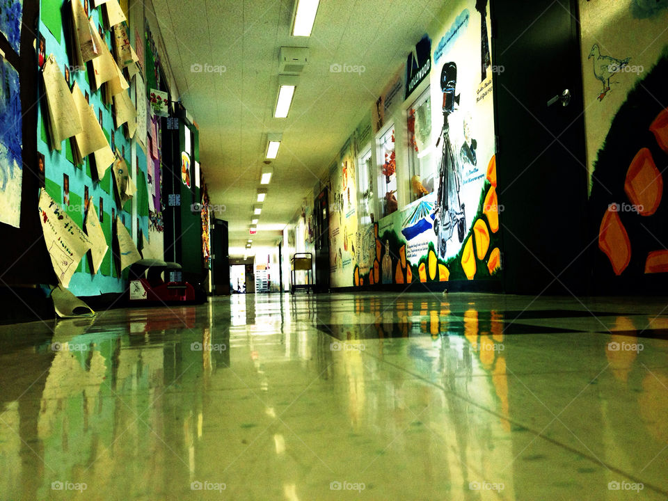 Empty hallway and polished floor of an American elementary school