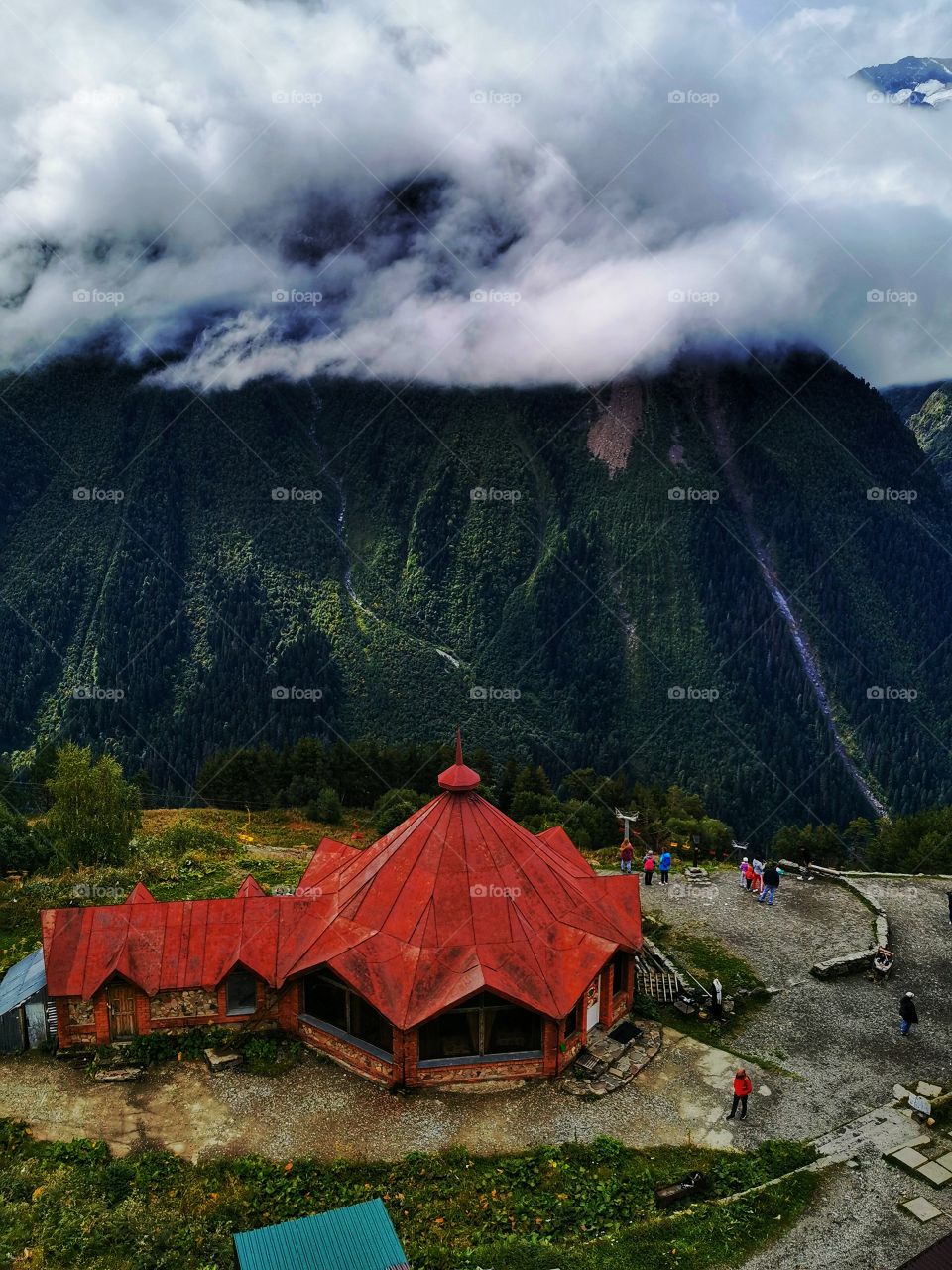 Memory view hand happy flower beauty nature form shape day part green plant man human body Mountain hills fog foggy milky travel wild forest heaven top Red house building shale rest view home outdoor outside
