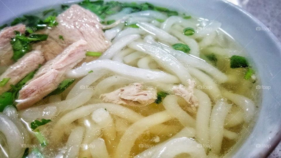 Vietnamese rice noodles (Bun). The noodles are in a clear soup stock with some lean pork pieces and shallots.