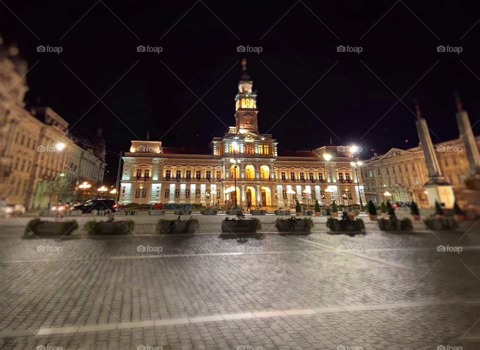 Illuminated social building in the night ,nice view on evening walk 