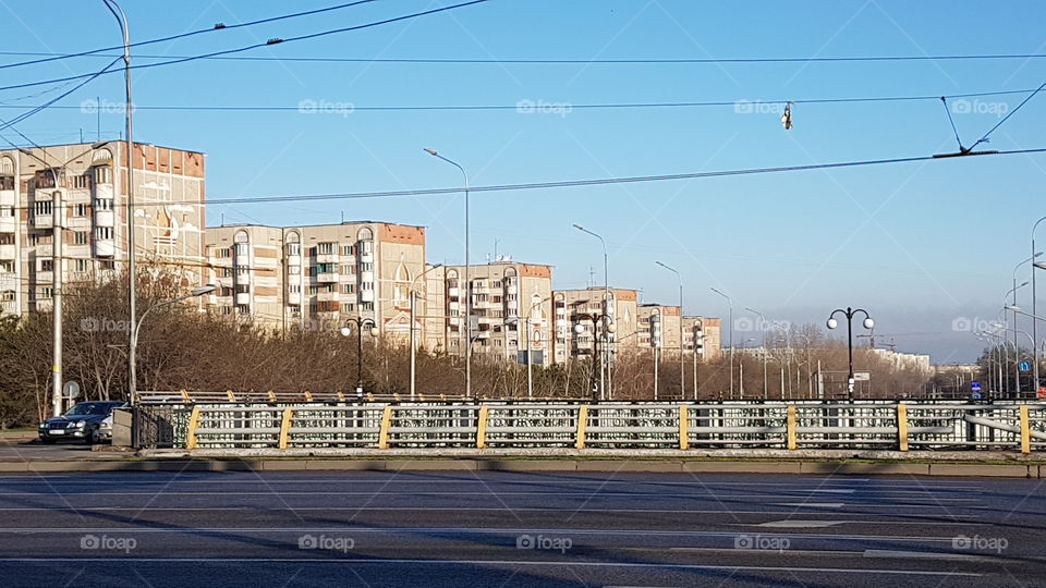 urban lanscape with residential buildings and smog