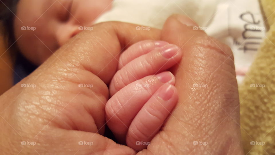 Human hand holding baby's hand