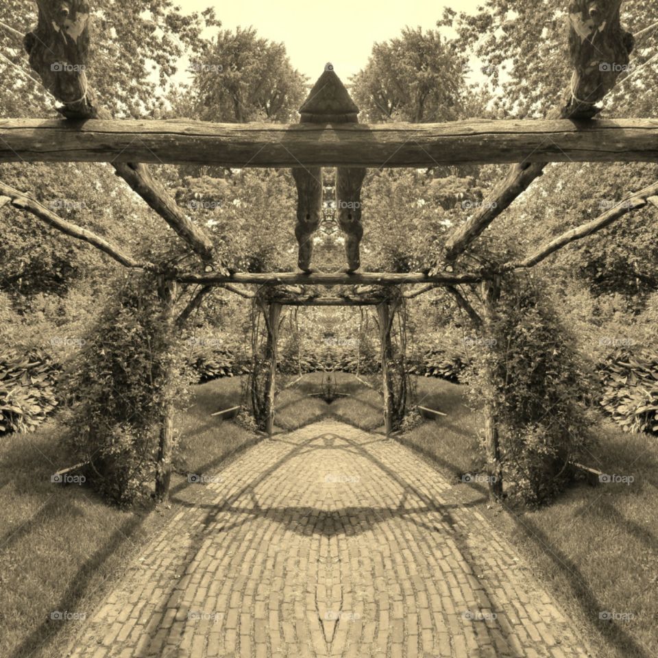 Beginning of Summer at Old Westbury Gardens on Long Island. Mix of Clouds and Sun. Photo Collage. Sepia Filter. Walking Path Captured on Android Phone - Galaxy S7. May 2017.