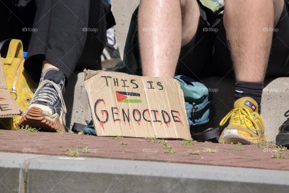 Billboard This Is Genocide An From The River To The Sea At The Student Demonstration Free Palestinian At The UVA University Amsterdam The Netherlands 13-5-2024