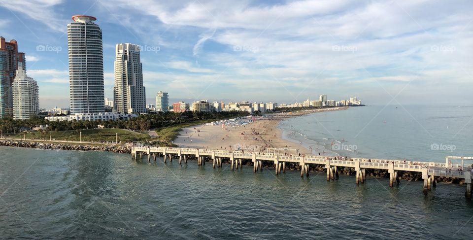 View from cruise ship of South Pointe Park Pier, South Beach, Miami, FL. 