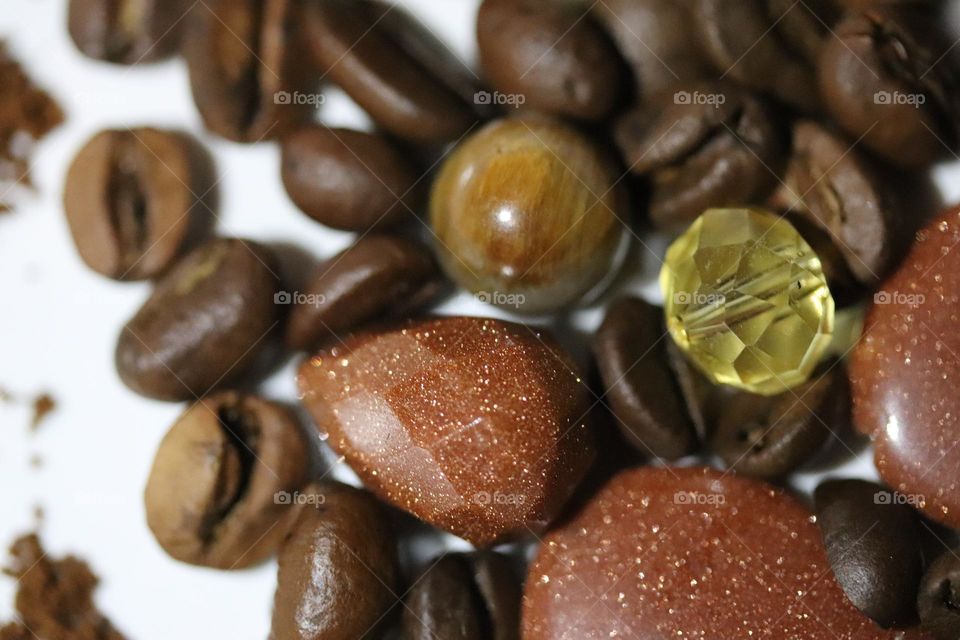 Semi-precious stones and coffee beans