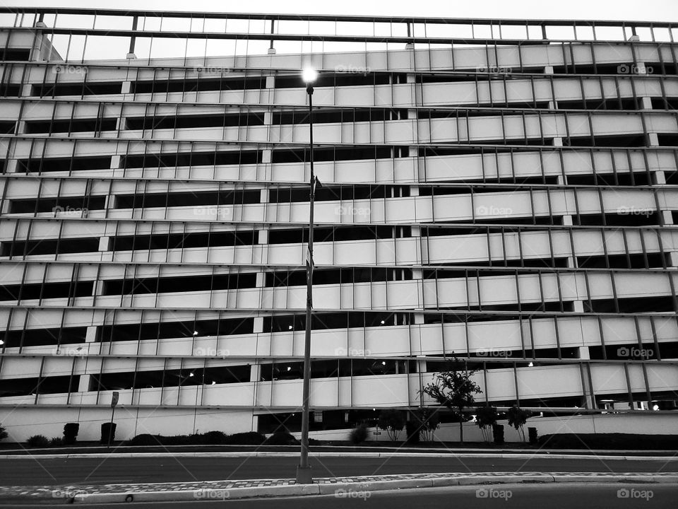 Architecture in black and white.  Parking garage.