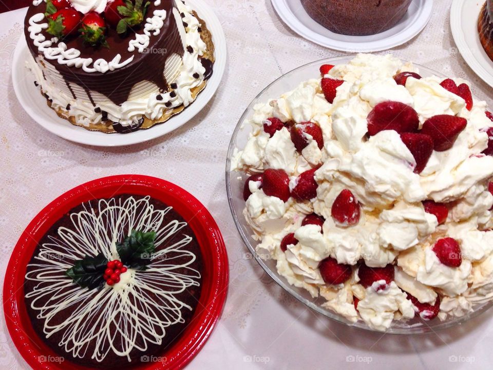 Cakes and dessert on table