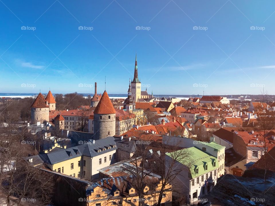 Panoramic view at sunset over the beautiful old town of Tallinn, Estonia. 