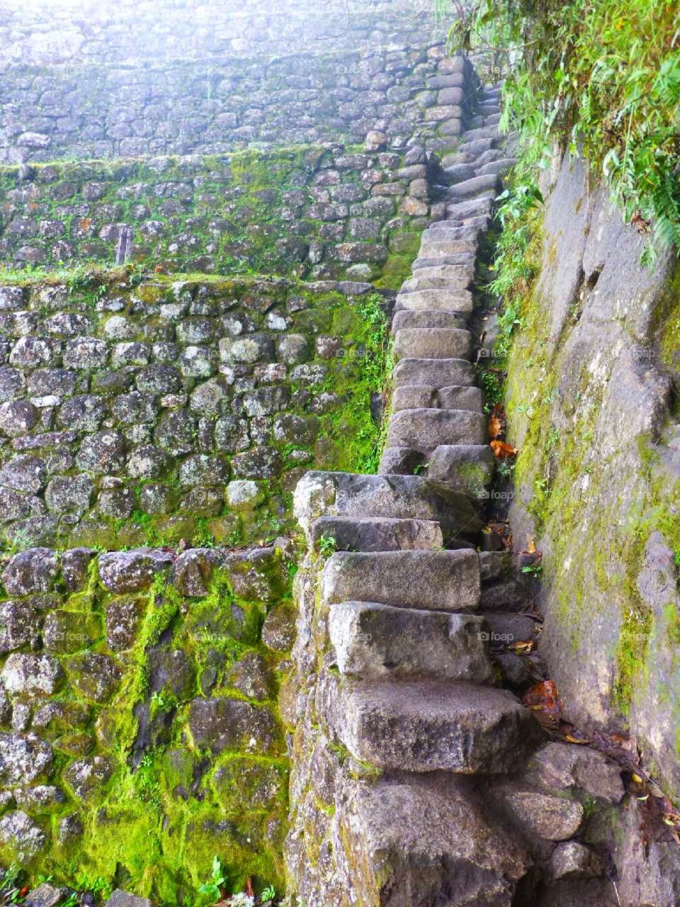 Stairway to Heaven. Incan stairs towards the top oh Huayna Picchu, the younger mountain behind Machu Picchu