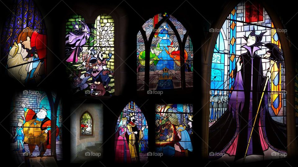 Disney land Paris / Euro Disneys
Sleeping beauty castles stain glass windows.
(series also available separately )
Sleeping Beauty Castle is the fairy tale structure castle at the center of Disneyland Park, Hong Kong Disneyland and Disneyland Paris. It is based on the late-19th century Neuschwanstein Castle in Bavaria, Germany,with some French inspirations (especially Notre Dame de Paris and the Hospices de Beaune).