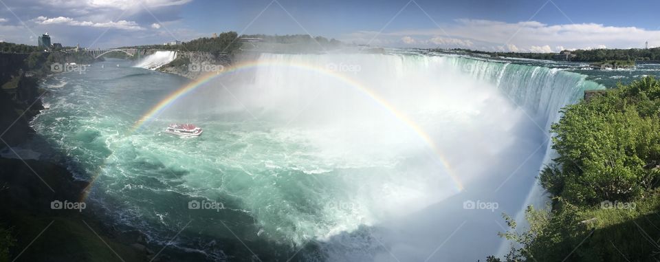 Panoramic of Niagara Falls with maid of the mist