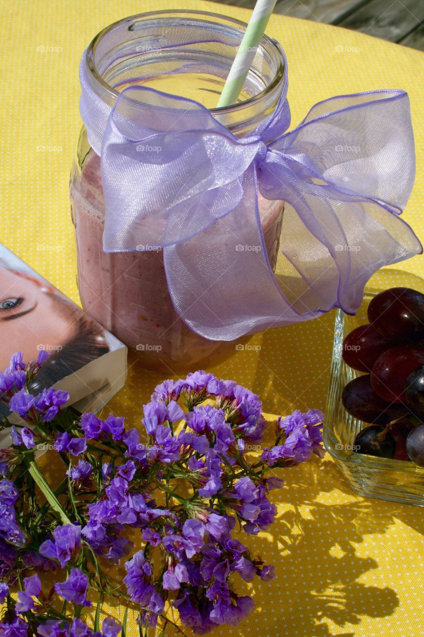 Lavender Afternoon . Freshly made fruit smoothie and a good book makes a great afternoon. 