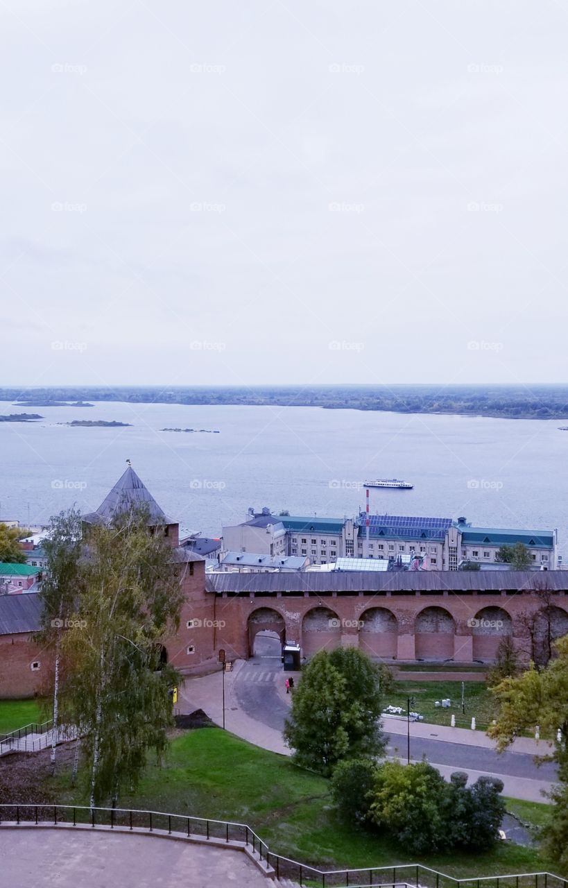 Wonderful view of the Kremlin, the river and the sailing boat