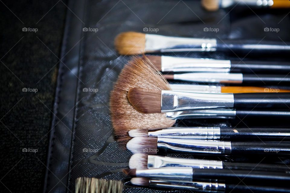 Makeup brushes organized in a case and ready to be used