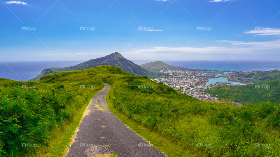 Tropic road from the mountain to the island shore. Road to Hawaii Kai, Koko head, Honolulu, Hawaii, Oahu island