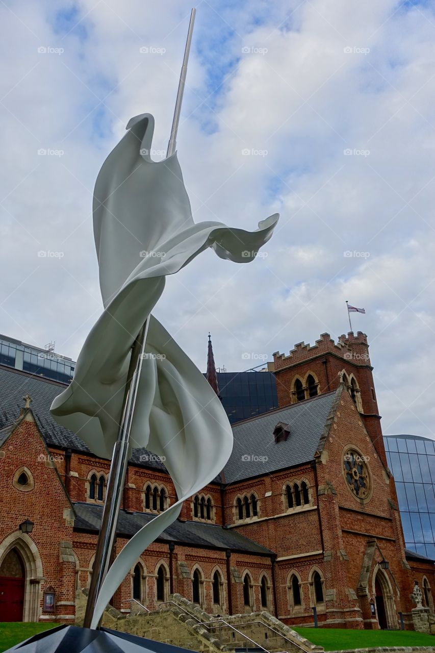 The view of Cathedral Square where a sculpture called Ascalon and St George’s Cathedral are located. The Cathedral Square is situated in Perth, Western Australia.