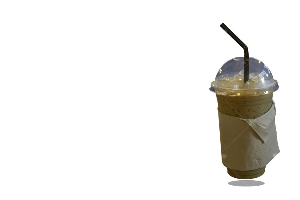 Iced coffee in a plastic glass on a white background with clipping path.