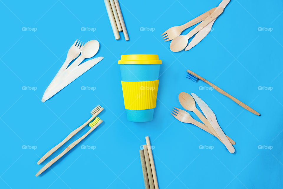 Zero waste concept. Stylish reusable eco coffe cup. Ban single use plastic. Sustainable lifetyle flat lay. Ecological bamboo. 