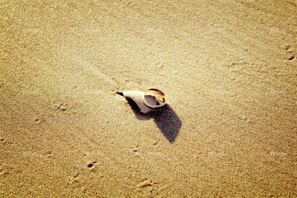 A wedding band sits atop a seashell in the sand.