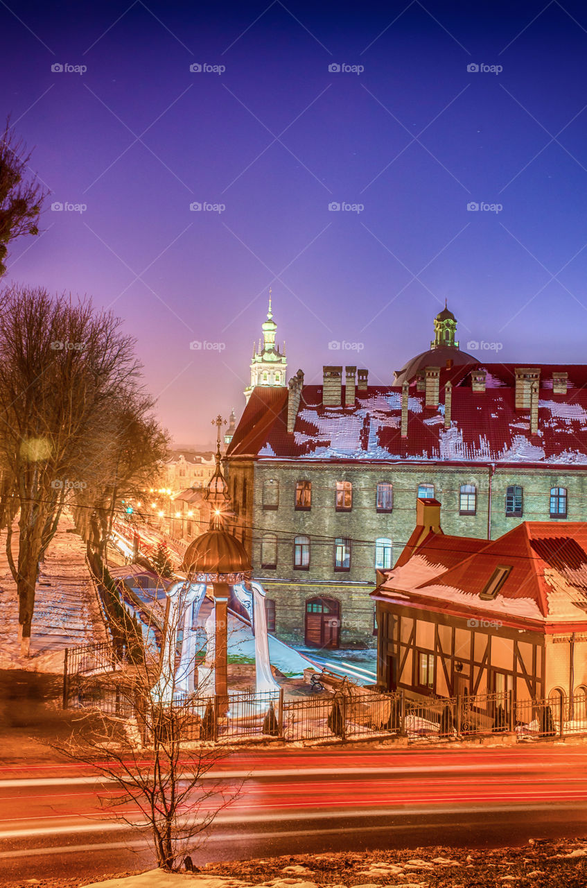 Lviv cityscape during the sunset